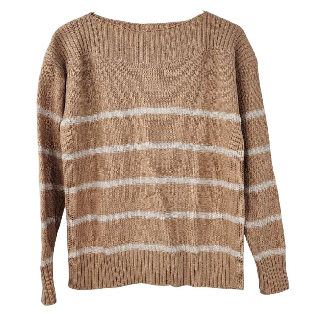 Time and Tru Tan Cream Striped Pullover Sweater Women's Small Cozy Fall Knit